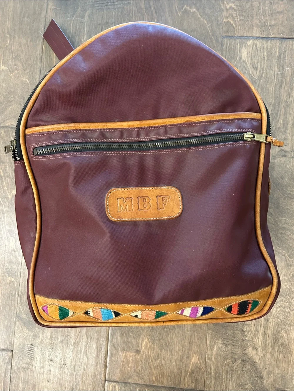 Brown Leather-Trim Burgandy Backpack